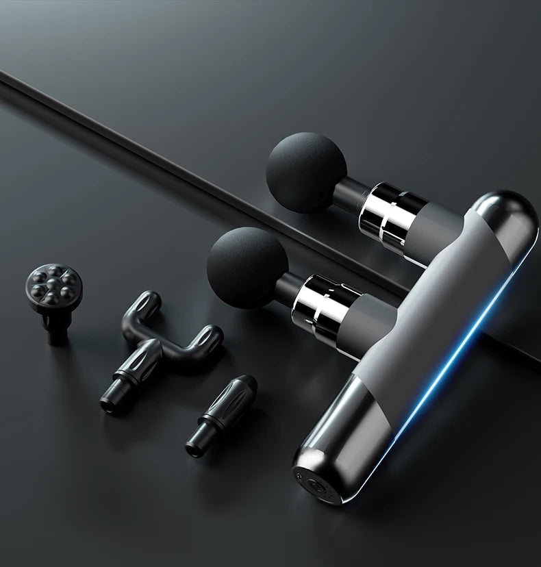 Pistola de fascia de doble cabezal con carga USB con ajuste de fuerza de 6 velocidades y 4 pares (8 piezas) de cabezales de masaje, masajeador de doble masaje
