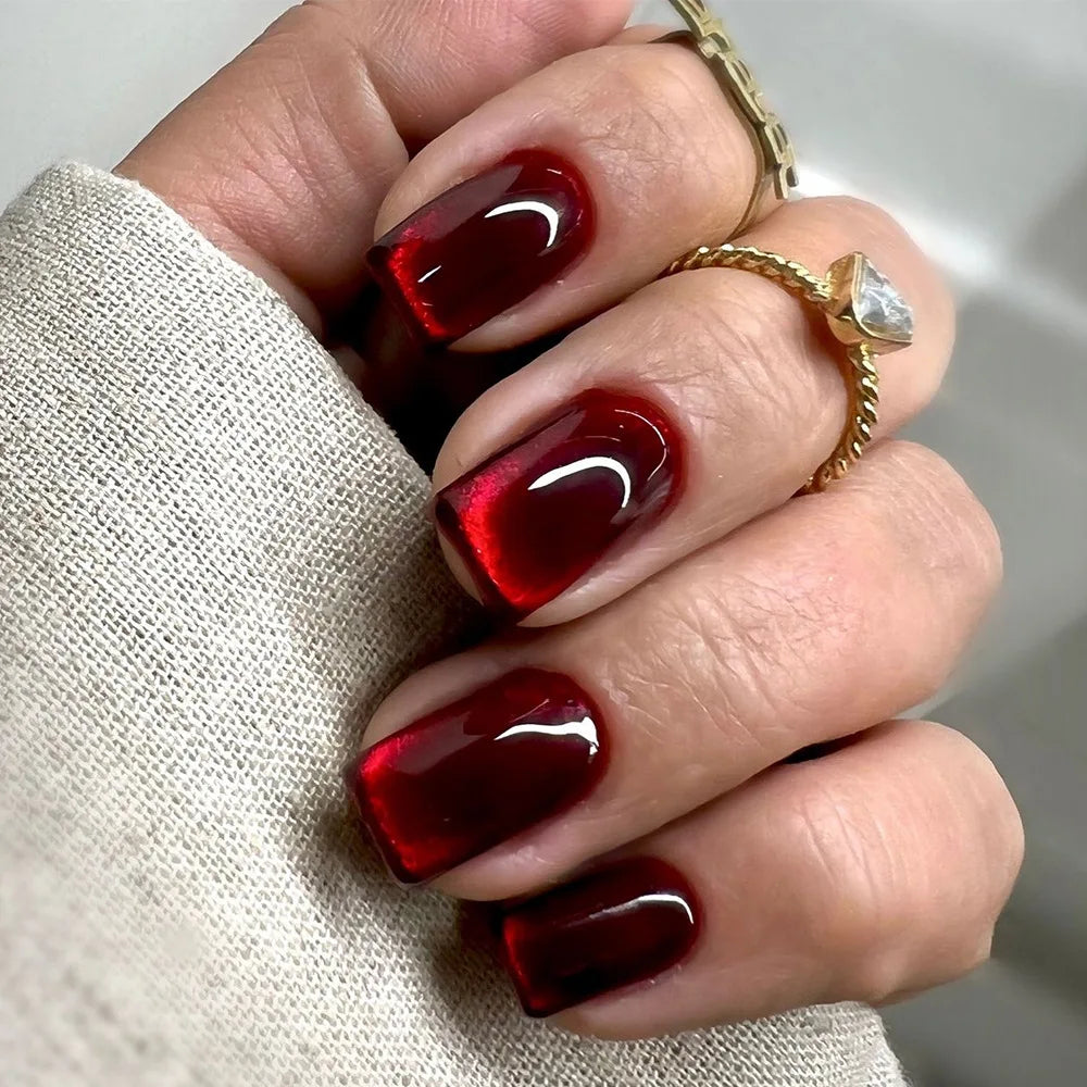 24pcs Crystal Cat Eye False Nails with Glue Short Square Press on Nails Shiny Red Jewel Nail Solid Color Fake Nails Minimalis