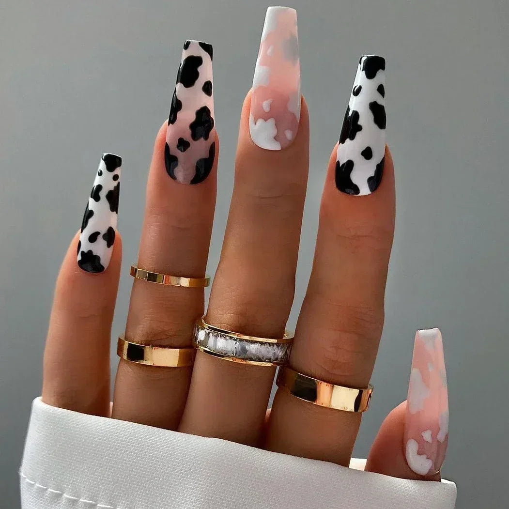 Leopard Print Ballet Fake Nails Art Almond False Nail Tip Charm Star Bowknot Flower Heart Cherry Pointed Press on Nails Manicure
