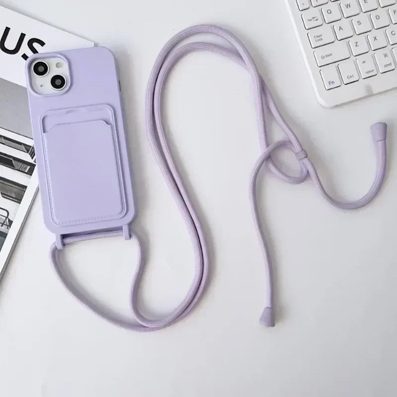 Soft Silicone Crossboby Lanyard Rope Fall Prevention Phone Case for IPhone 16 15 Pro Max 14 Plus 13 12 11 Card Slot Holder Cover
