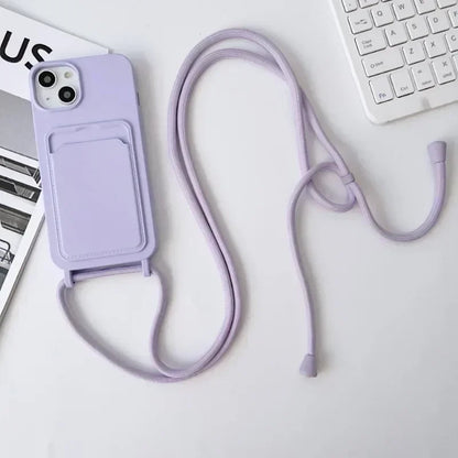 Soft Silicone Crossboby Lanyard Rope Fall Prevention Phone Case for IPhone 16 15 Pro Max 14 Plus 13 12 11 Card Slot Holder Cover