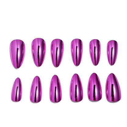 24pc/set Medium almond fake nails metallic mirror red black purple blue golden tips faux ongles y2k press on acylic false nail