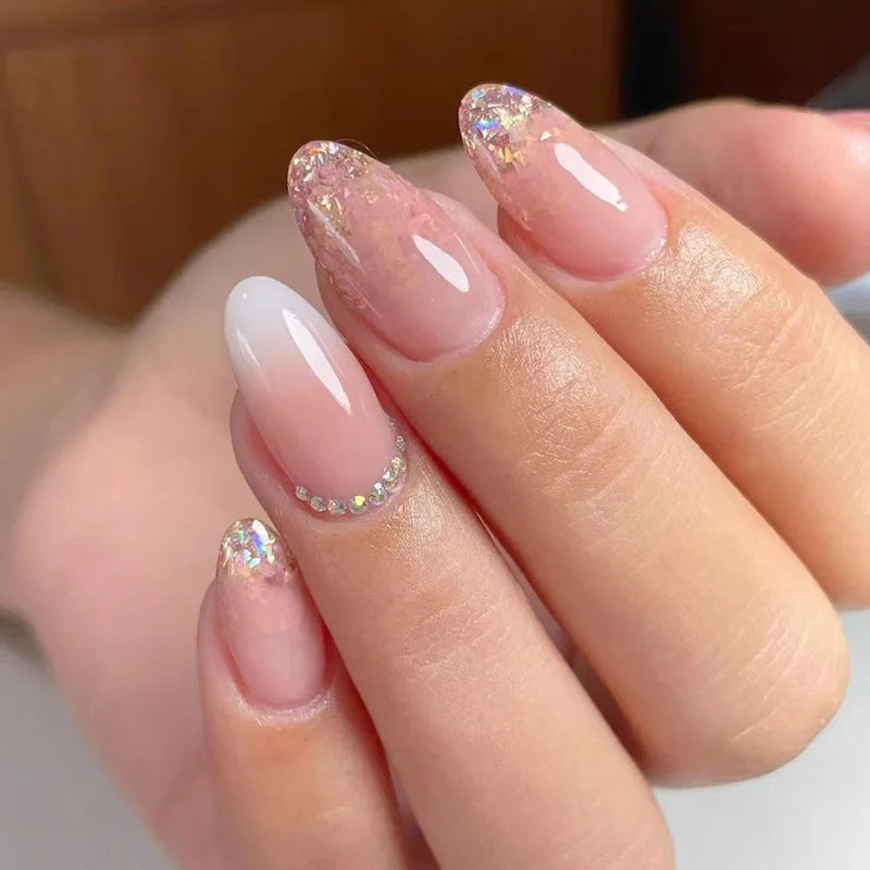 24Pcs Solid Color Grey Almond Fake Nail Cat's Eye Design Wearable Round Head False Nails with Shiny Powder Press on Nails