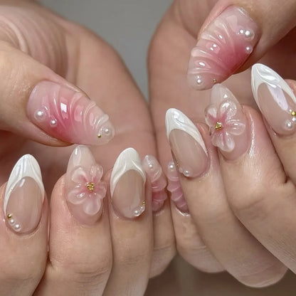 24pcs French Almond Press on Nails Flower False Nails Wearable Stick-on Nails Fake Nail Uñas Postizas Mujer Накладные Ногти 네일팁