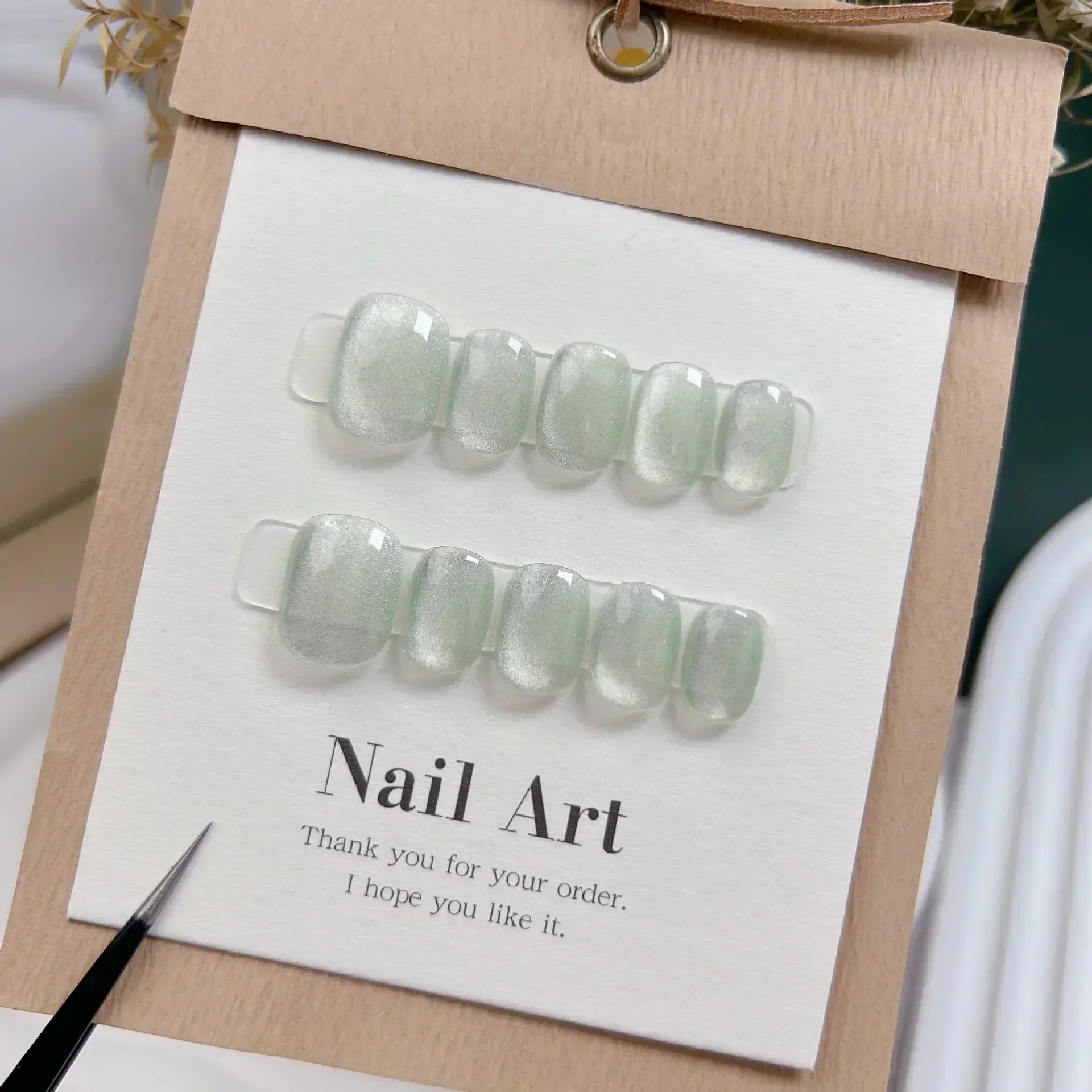 10Pcs Short Handmade Light Green Press On Nails Cat Eyes Pure Ballerina Decoration Wearable False Nails Full Cover Nail Tips Art