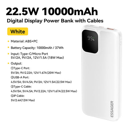Essager Portable Power Bank 20000mAh with Two Built-in Cables External Battery PD 22.5W Fast Charging For iPhone 17 16 15 Xiaomi
