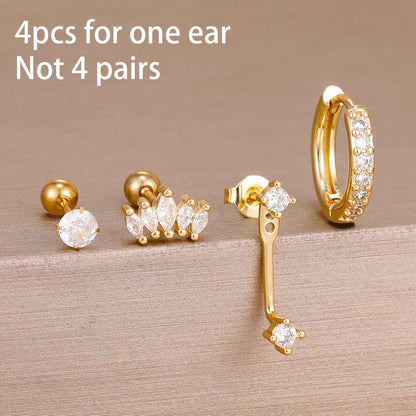 4PCS Stainless Steel Circle Huggie Hoop Earrings Set for Women Gold Color Unique Zircon Flower Stud Earring Piercing Jewelry