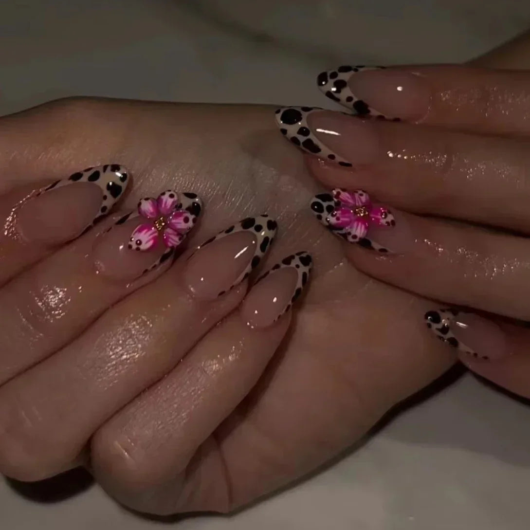 Leopard Print Ballet Fake Nails Art Almond False Nail Tip Charm Star Bowknot Flower Heart Cherry Pointed Press on Nails Manicure
