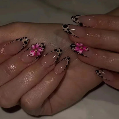 Leopard Print Ballet Fake Nails Art Almond False Nail Tip Charm Star Bowknot Flower Heart Cherry Pointed Press on Nails Manicure