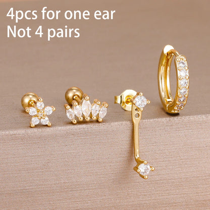 4PCS Stainless Steel Circle Huggie Hoop Earrings Set for Women Gold Color Unique Zircon Flower Stud Earring Piercing Jewelry