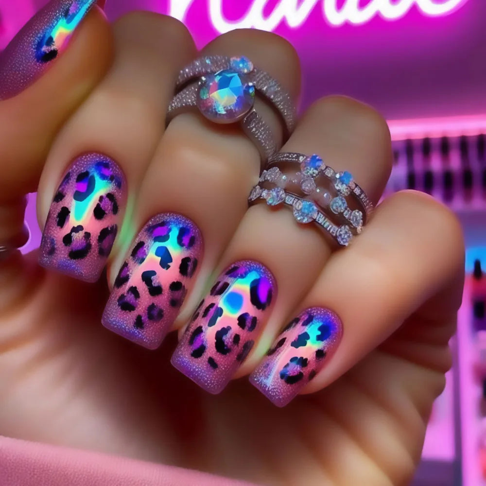 Short Medium long fake nails Square ballet nail tips Gradient purple pink blue leopard flame Y2K press on false nail art set
