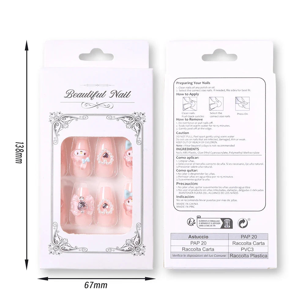 Sanrio Kawaii Pink My Melody Fake Nails 24Pc 3D kuromi Anime Cute Nail Patches False Nail Tips Cartoon Y2K Fashion Press on Nail