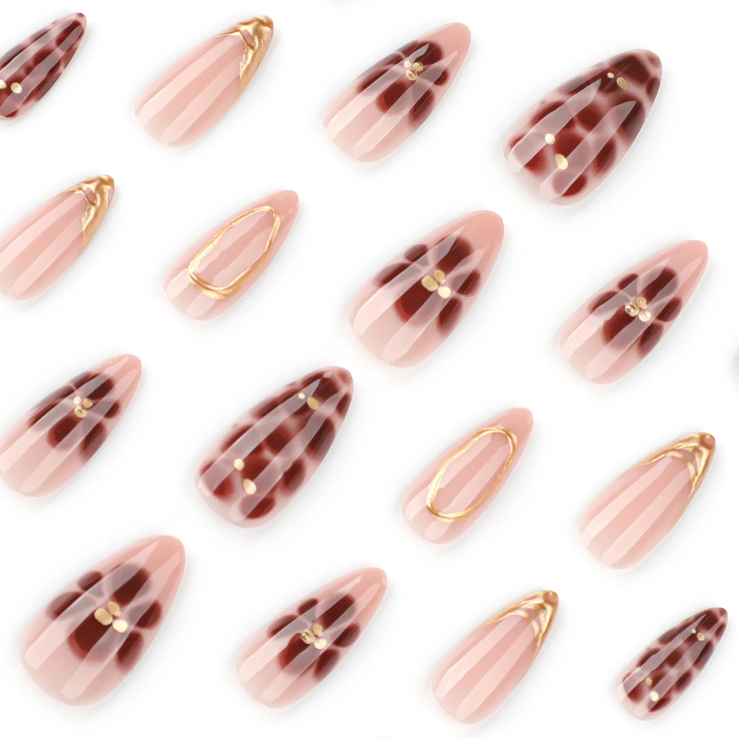 Fashion Brown Flowers Nude Color Nail Art Gold French Almond False Nails Detachable Finished Fake Nails Press on Nails with Glue