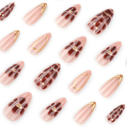 Fashion Brown Flowers Nude Color Nail Art Gold French Almond False Nails Detachable Finished Fake Nails Press on Nails with Glue