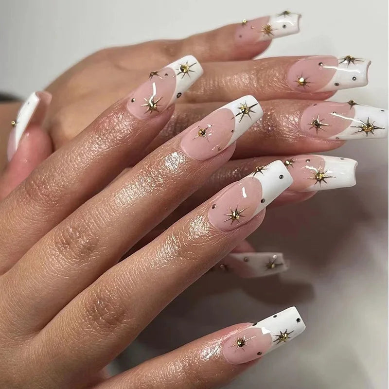 24pcs Short Almond Pink French False Nails Star Design Press on Nails Fake Nails DIY Manicure Detachable Stick-on Nail Tips
