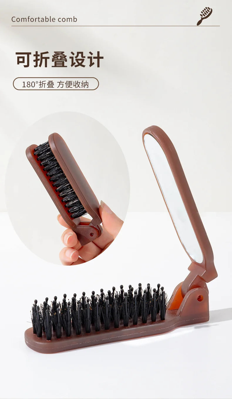 1Pc Foldable Bristle Comb with Mirror Mane Bristle Hair Brush Portable Pocket Collapsible Travel Massage Salon Hair Styling Tool