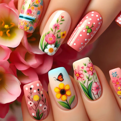 24Pc Colorful Sunflower Pattern Design Fake Nails Detachable Long Ballet Press on False Nails Fashion Nails Art Tips for Spring.