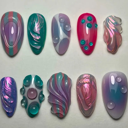 10pcs Handmade Fake Nail Art Ocean Seashell Design Blue Mid-length Oval False Nail Tips with Rhinestone Pearl Press on Nails Set