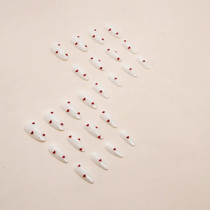24PCS- white almond fake nails, red love pattern decoration, exquisite elegance, fashion generous, suitable for dating, dinner,