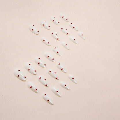 24PCS- white almond fake nails, red love pattern decoration, exquisite elegance, fashion generous, suitable for dating, dinner,