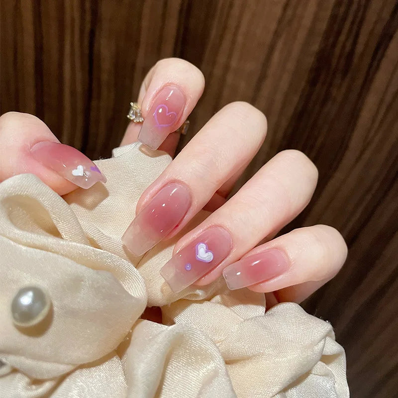 24Pcs Glitter Diamond Press On Nails Sweet Cute Girl Acrylic Nails Full Cover Short Square Fake Nails Wearable Manicure Nail Tip