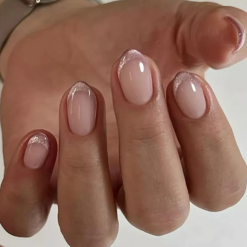 24Pcs Simple Glitter Almond False Nails with Glue Ballerina Nail Design Sweet Cool French Detachable Press on Nail Manicure Tips