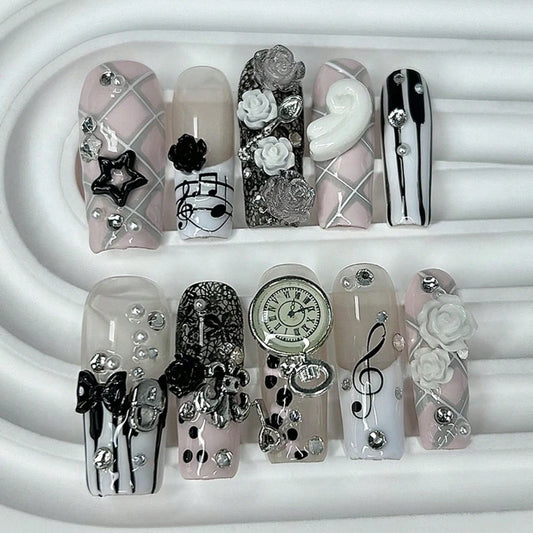 Musical Notes Retro Vintage Cute Pink French Handmade Press On Nails 3D Rose Bow Pearl Y2K Gyaru Fake Nails Long Coffin Nail Art