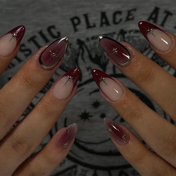 24Pcs Mid-length French Almond Press on Fake Nails with Red Smudge Star Design False Nails Art Datachable Full Cover Nails Tips