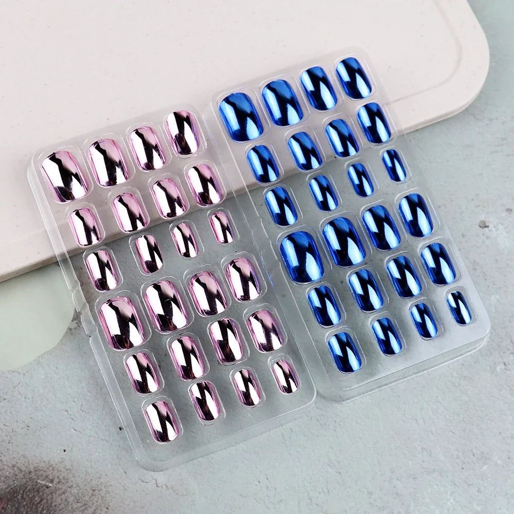 48 Pcs Gold Silver Mirror Chrome Kids Nails Press On Metalic False Nail Art Tips Pre-glue Short Oval Full Cover Fake Nails