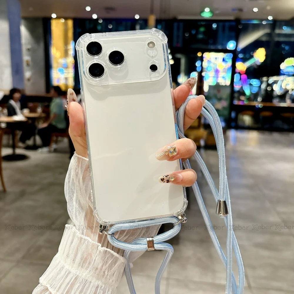 Shockproof Clear Soft Bumper Case For iPhone 17 16 15 14 Pro Max Plus Crossbody Lanyard Necklace Strap Cord Nylon Rope Cover