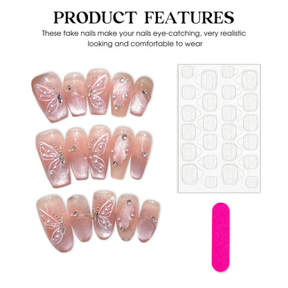 Handmade Press on Nails Shiny Pink Cat Eye Pearl Fake Nail Tips For Girl Women Wearable Full Cover Korean Sweet False Nails