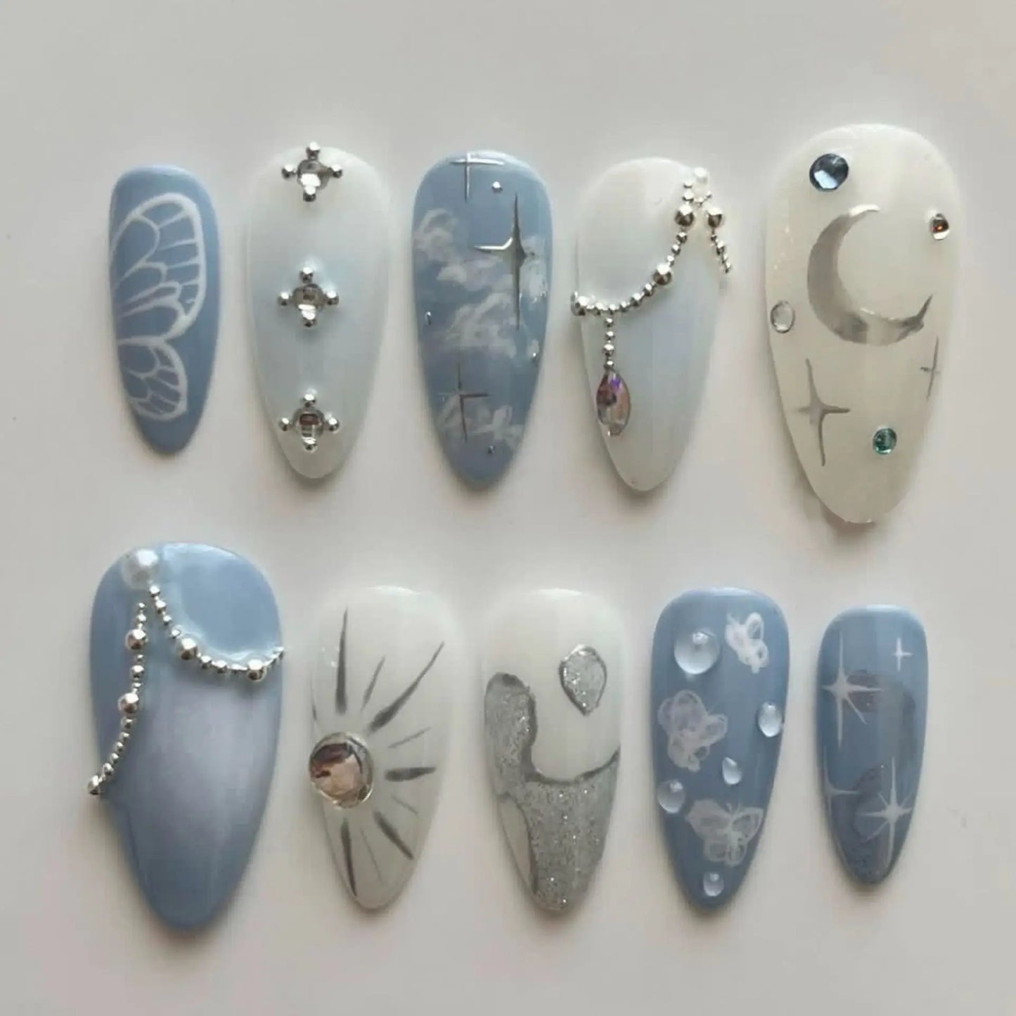 10pcs Handmade Fake Nail Art Ocean Seashell Design Blue Mid-length Oval False Nail Tips with Rhinestone Pearl Press on Nails Set
