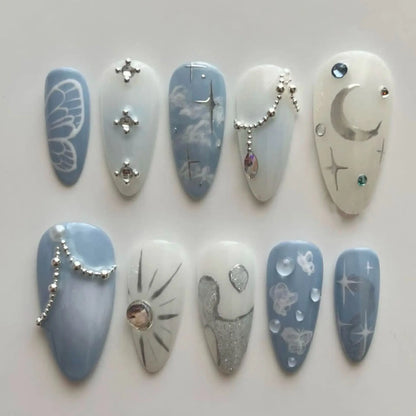 10pcs Handmade Fake Nail Art Ocean Seashell Design Blue Mid-length Oval False Nail Tips with Rhinestone Pearl Press on Nails Set