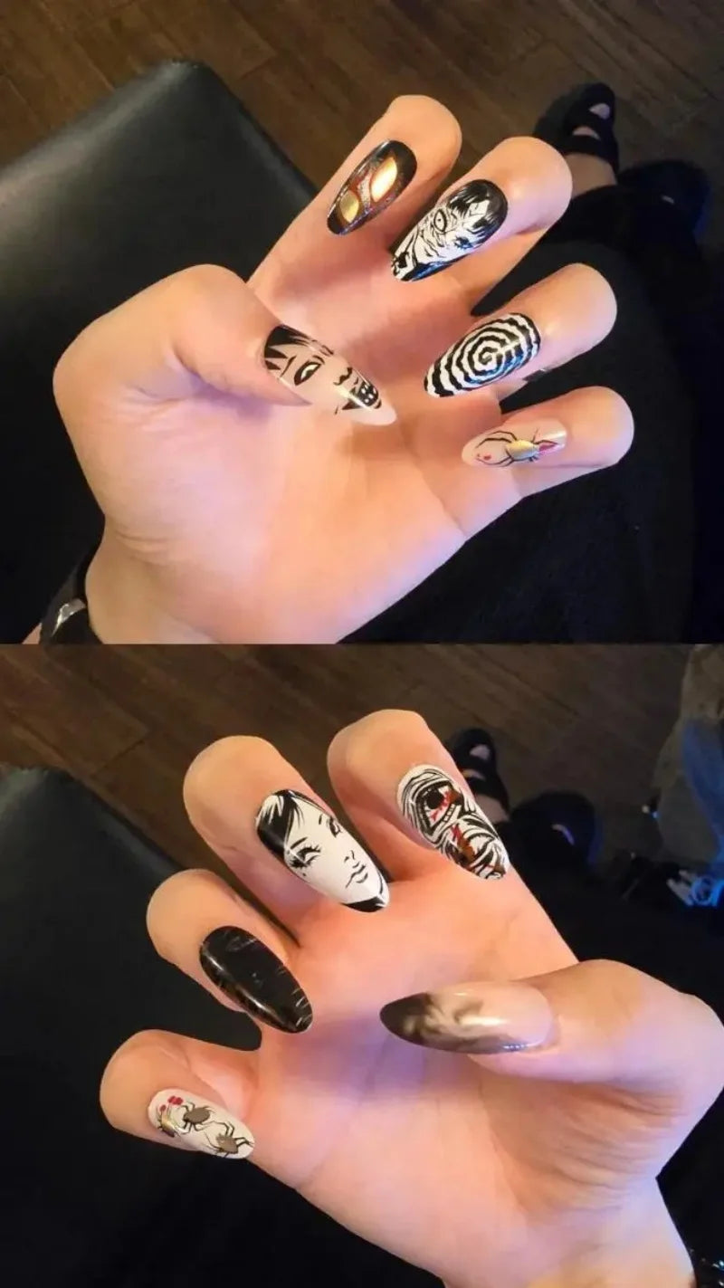 24Pcs Horror Comic Tomie Press on Nails Almond Glossy Black Japanese Anime Nails Reusable Halloween False Nail Tips for Girls