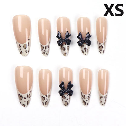 10pcs-XS/S/M French Almond Press on Nails Leopard Print False Nails 3D Bow Wearable Stick-on Nails Fake Nail