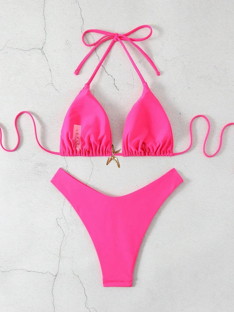 Sexy Bikini Set Solid Swimsuit Women Beachwear 2026 Thong Micro Bikinis Female Swimwear High Cut Neck Bathing Suit Beach Biquini