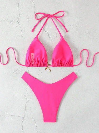 Sexy Bikini Set Solid Swimsuit Women Beachwear 2026 Thong Micro Bikinis Female Swimwear High Cut Neck Bathing Suit Beach Biquini