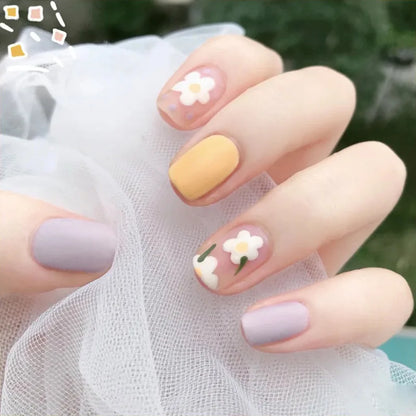 24Pcs Short Almond Press-On Nails Pink Floral French Tip Glossy&Elegant Full Cover Fake Nails for Women&Girls Spring,Daily Wear