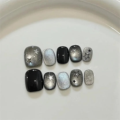 10Pcs Handmade Gothic Short Press on Nails Rhinestone Round Manicure Decoration Wearable Full Cover with Design Acrylic Nail Tip