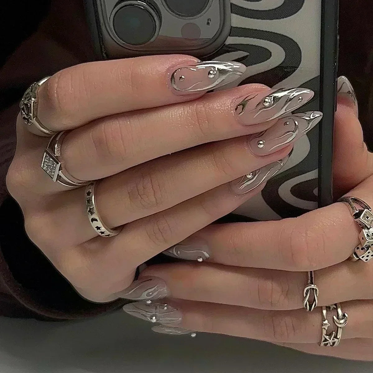 24Pcs Stiletto Press on Nails Glitter Almond False Nails French Tip Fake Nails with Glue Detachable Full Cover Acrylic Nail Tips