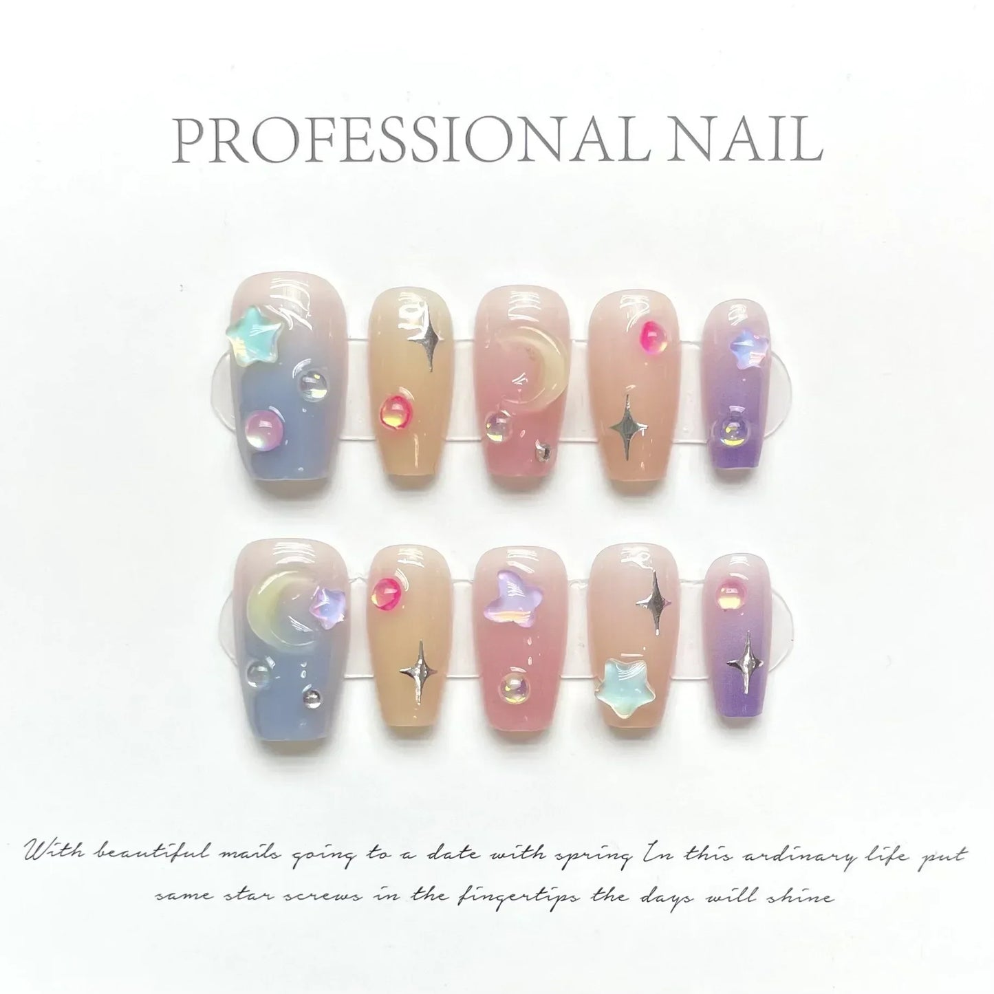 10Pcs Handmade Press on Nails Long Ballet Blue Fake Nails with 3D Ocean Moon Rhinestone Design False Nails Full Cover Nail Tips