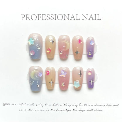 10Pcs Handmade Press on Nails Long Ballet Blue Fake Nails with 3D Ocean Moon Rhinestone Design False Nails Full Cover Nail Tips