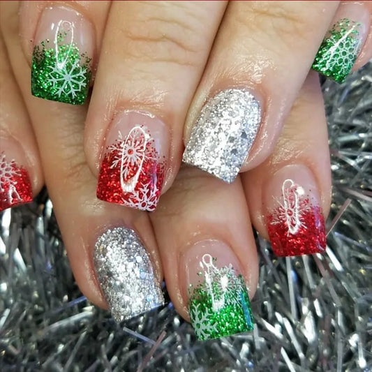 24pcs/set short fake nails for Christmas Square ballet winter false nail tips snow flakes christmas tree snowman press on nails