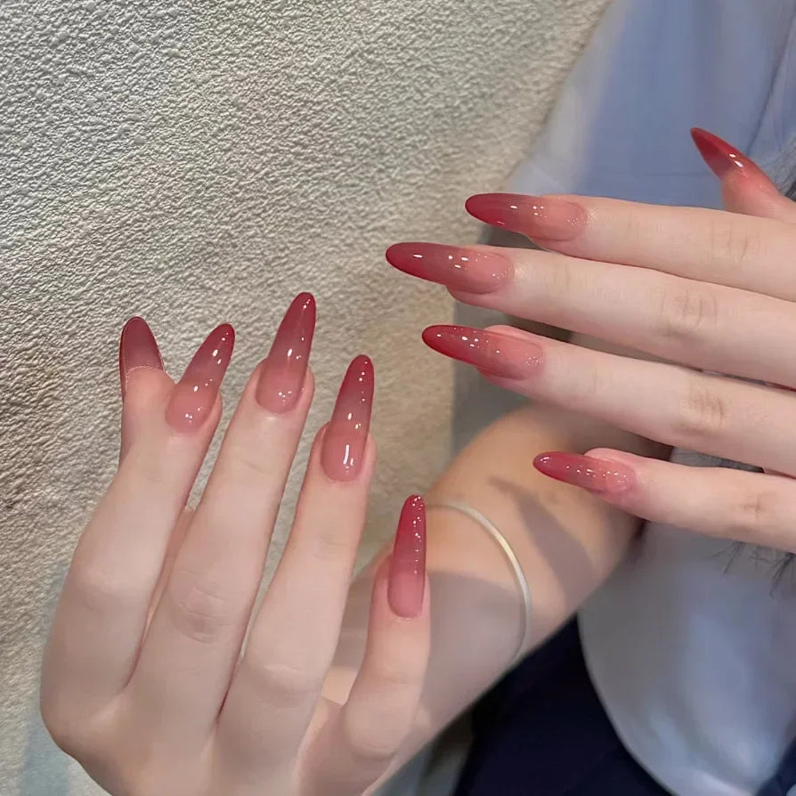 24Pcs White Gradient Press on False Nails Acrylic Stiletto Almond Fake Nail Wearable Solid Color Simple Full Cover Manicure Tips