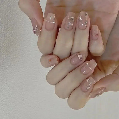 24Pcs Short Ballerina False Nail Tips with Pearl Detachable French Fake Nails Pink Cute Full Cover Press on Nails Manicure Tools