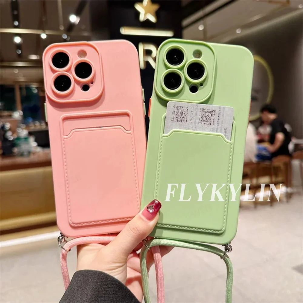 Flat Rope Solid Color Card Bag Phone Case For Xiaomi Redmi Note 14 13 12 Pro 11 10 Pro Plus 11S 10S Hanging Rope Soft Silicone