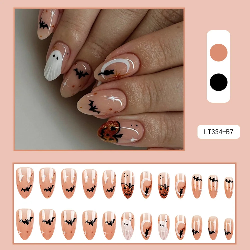 24pcs Simple Almond Press on Nails Cute White Ghost Bat Decor False Nails Wearable Reusable Spicy Cool Halloween Fake Nail Tips