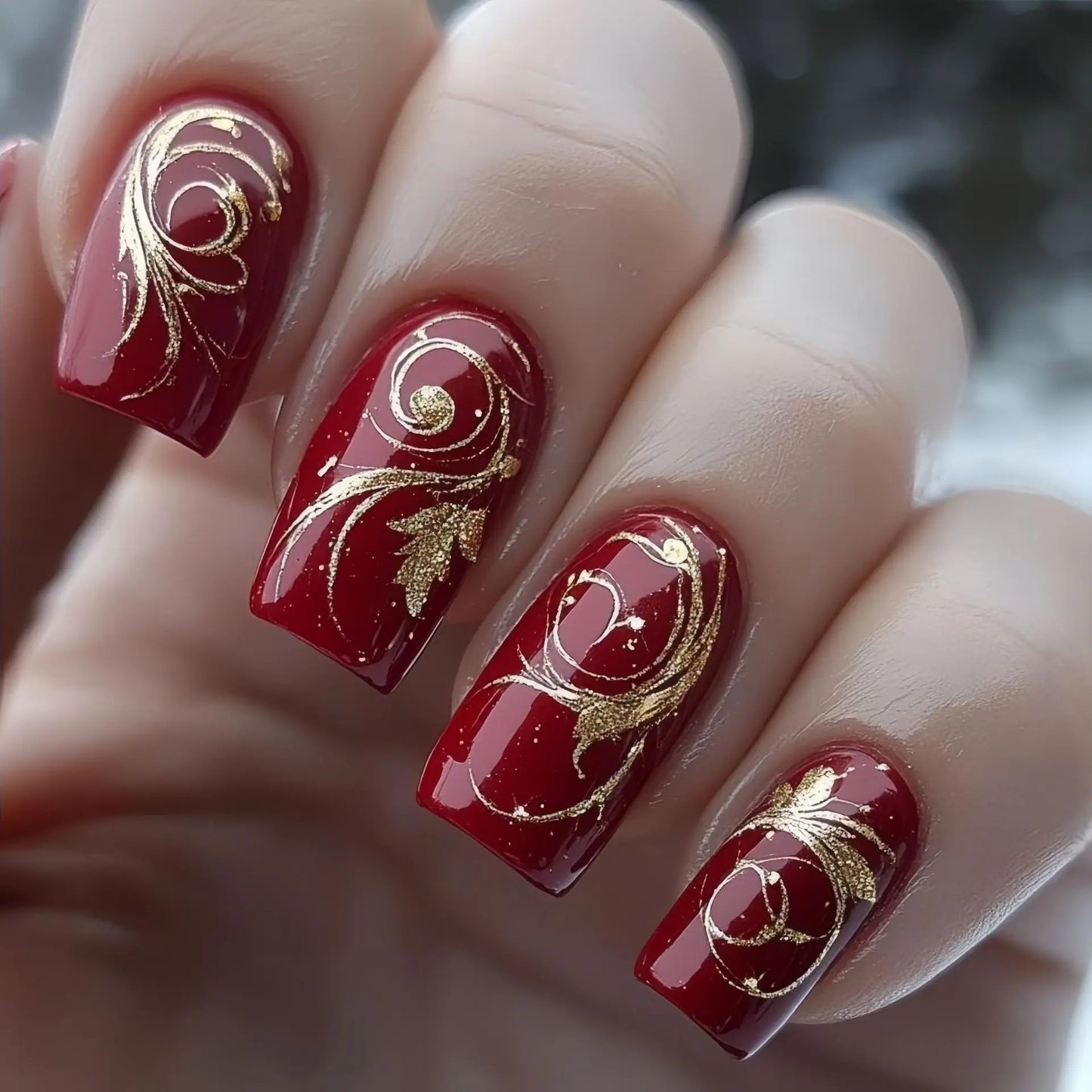24pcs/set Medium fake nails for women girls glossy green golden red flowers New year Square ballet nail tips press on false nail