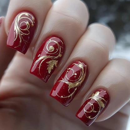 24pcs/set Medium fake nails for women girls glossy green golden red flowers New year Square ballet nail tips press on false nail