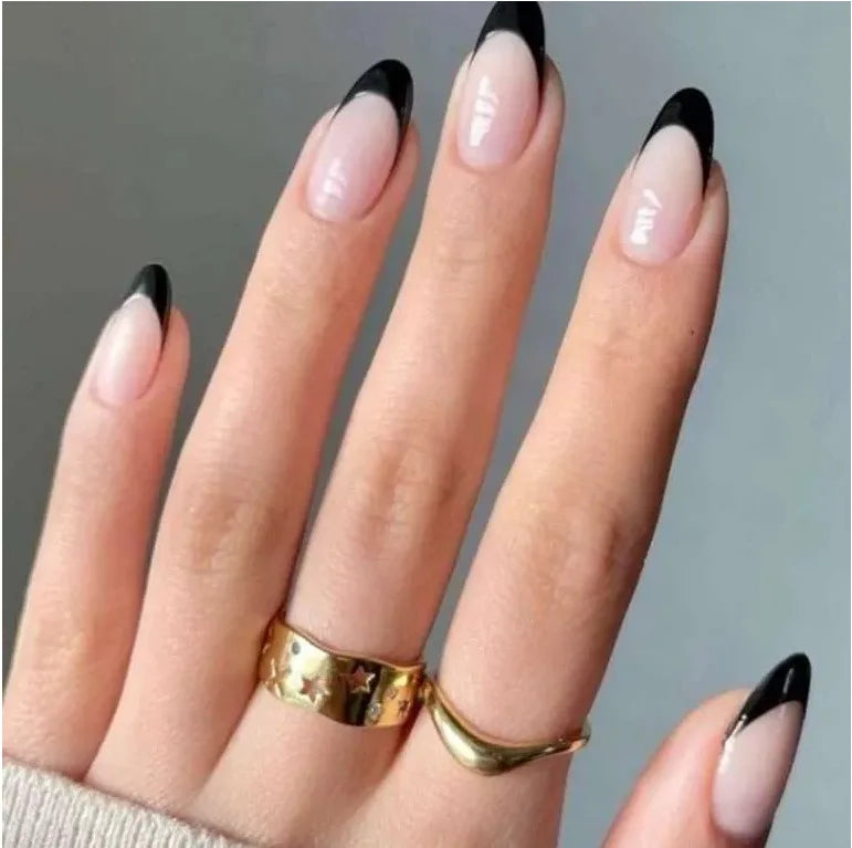 24Pcs Long Almond Fake Nails with White Edge Design Wearable French Press on False Nails Simple Full Cover Nail Tips Manicure